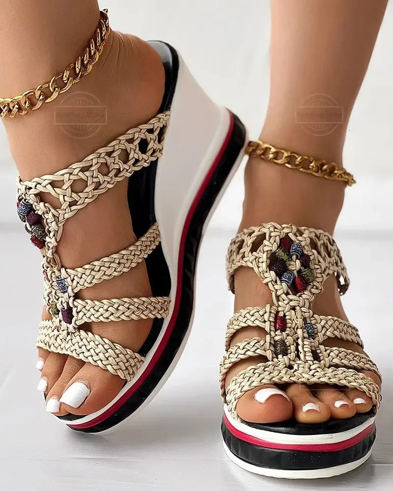 Sandals Flip Flops Women Colorful Beaded Braided Wedge Shoes Beads Slippers Platform Summer Shoes Wedges Ladies 240703