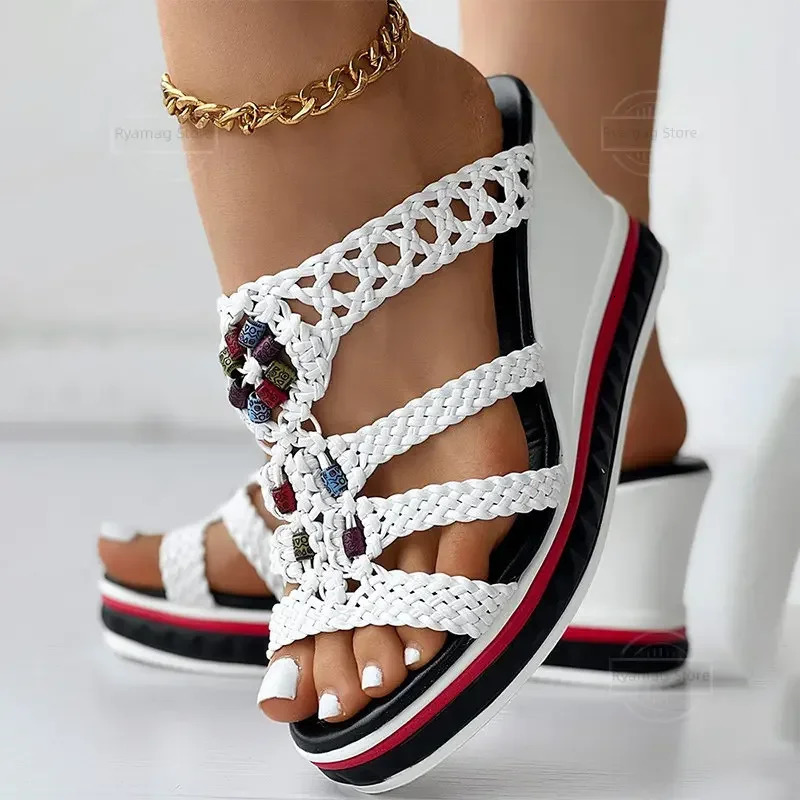 Sandals Flip Flops Women Colorful Beaded Braided Wedge Shoes Beads Slippers Platform Summer Shoes Wedges Ladies 240703