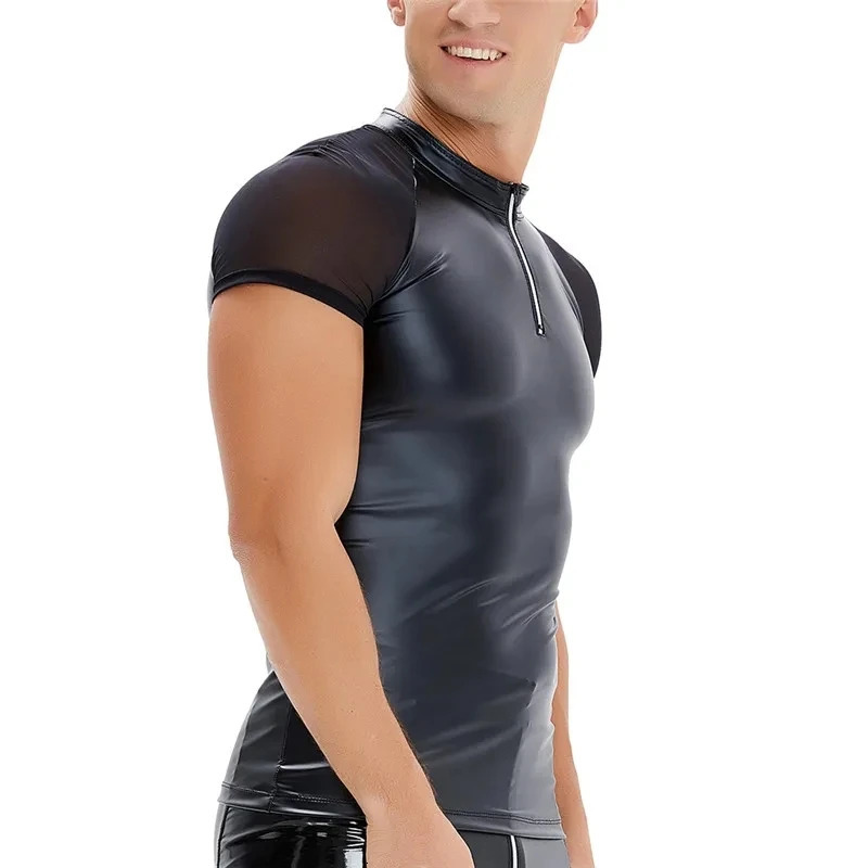 Man Leather Bodysuit PU Shapewear Corset Shirt Workout Tops Short Sleeve Sauna Suit Underwear Premium Slimming Shapewear 240703