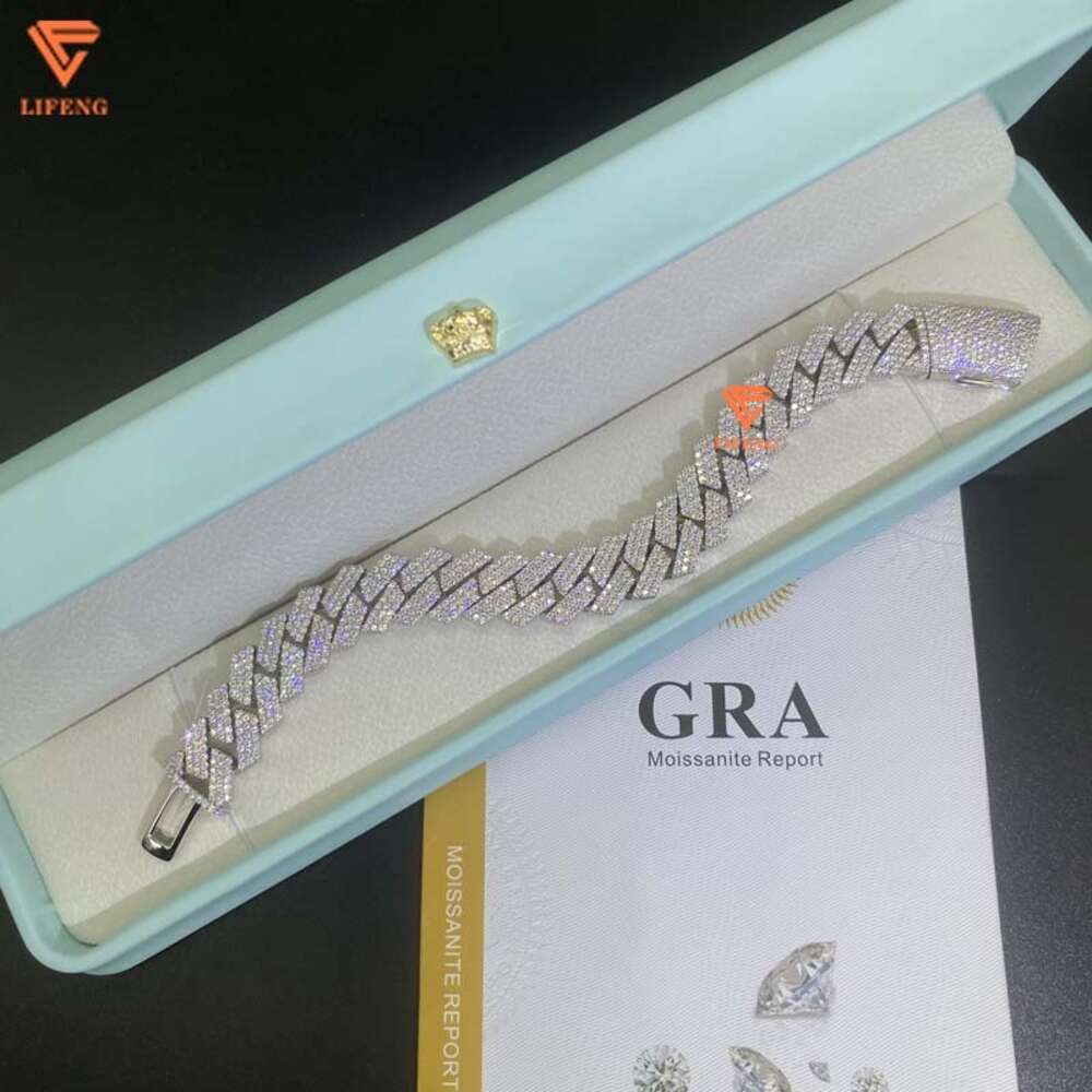 Ice Out 15mm 3row Vvs Moissanite Necklace Cuban Link Chain Handset Diamond Solid Sterling Silver Hiphop Men Cuban Chain Bracelet