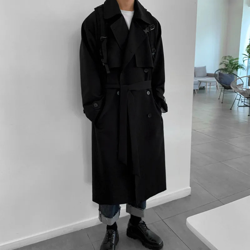 IEFB Mens Wear Korean Trend Windbreaker Mid Long Loose Clothes Handsome Males Autumn Casual Trench Coat With Belt 4312 240701
