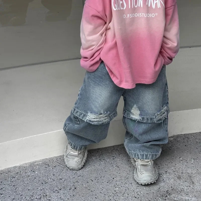 Autumn Kids pants vintage children patchwork ripped jeans Boys loose casual denim pants 240703