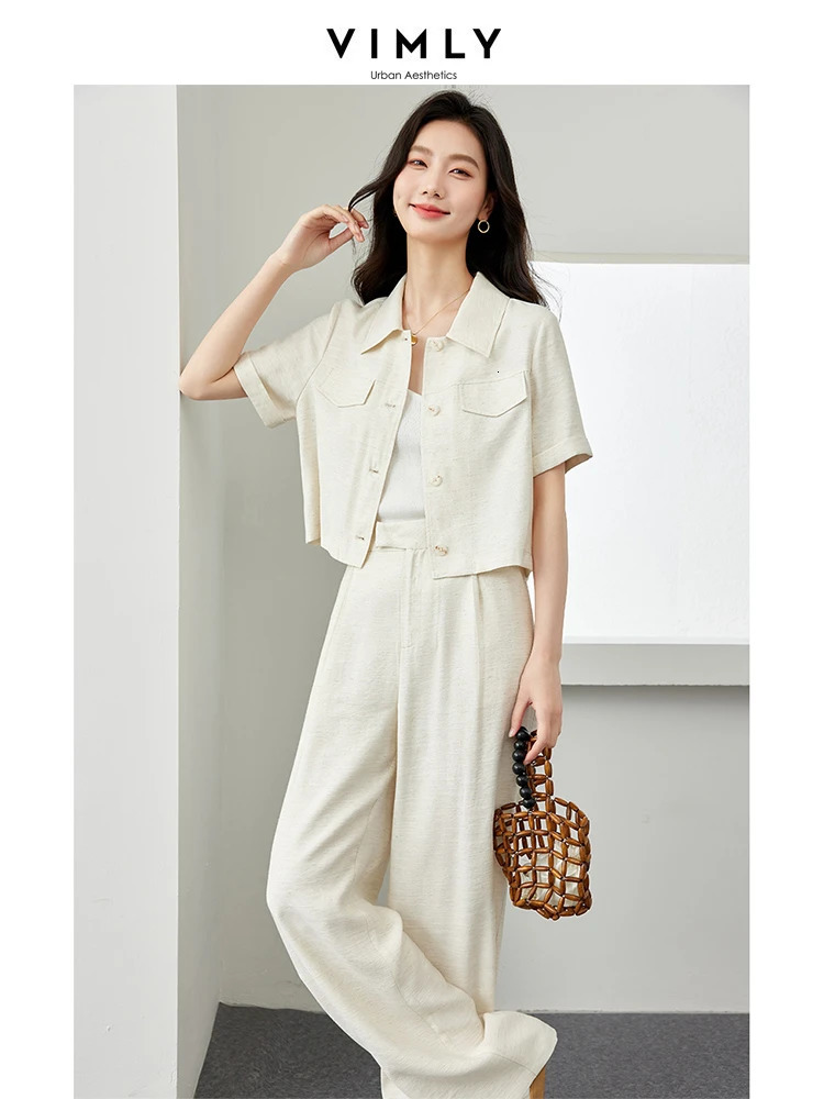 VIMLY Womens Solid Pants Set Summer Simple Turtleneck Cardigan TShirt TopStraight Slim Blazer Two Piece 240702
