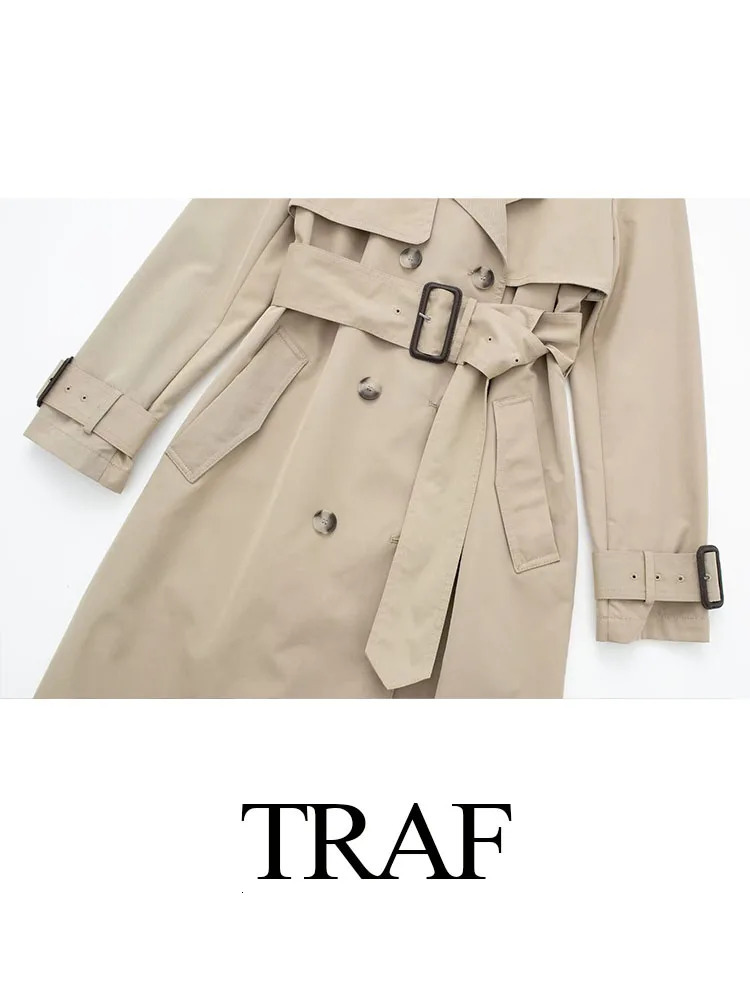 TRAF Womens Fashion Autumn Slim Trench Coats Solid Turn-Down Collar Long Sleeves Belt Decoration Double Breasted Female Coats 240703