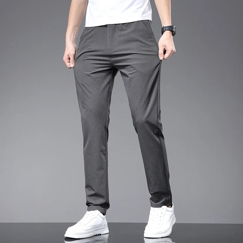 Mens Slim Casual Pants Summer Thin Elastic Waist Business Straight Trousers Solid Color Soft Breathable Black Beige Gray 240701