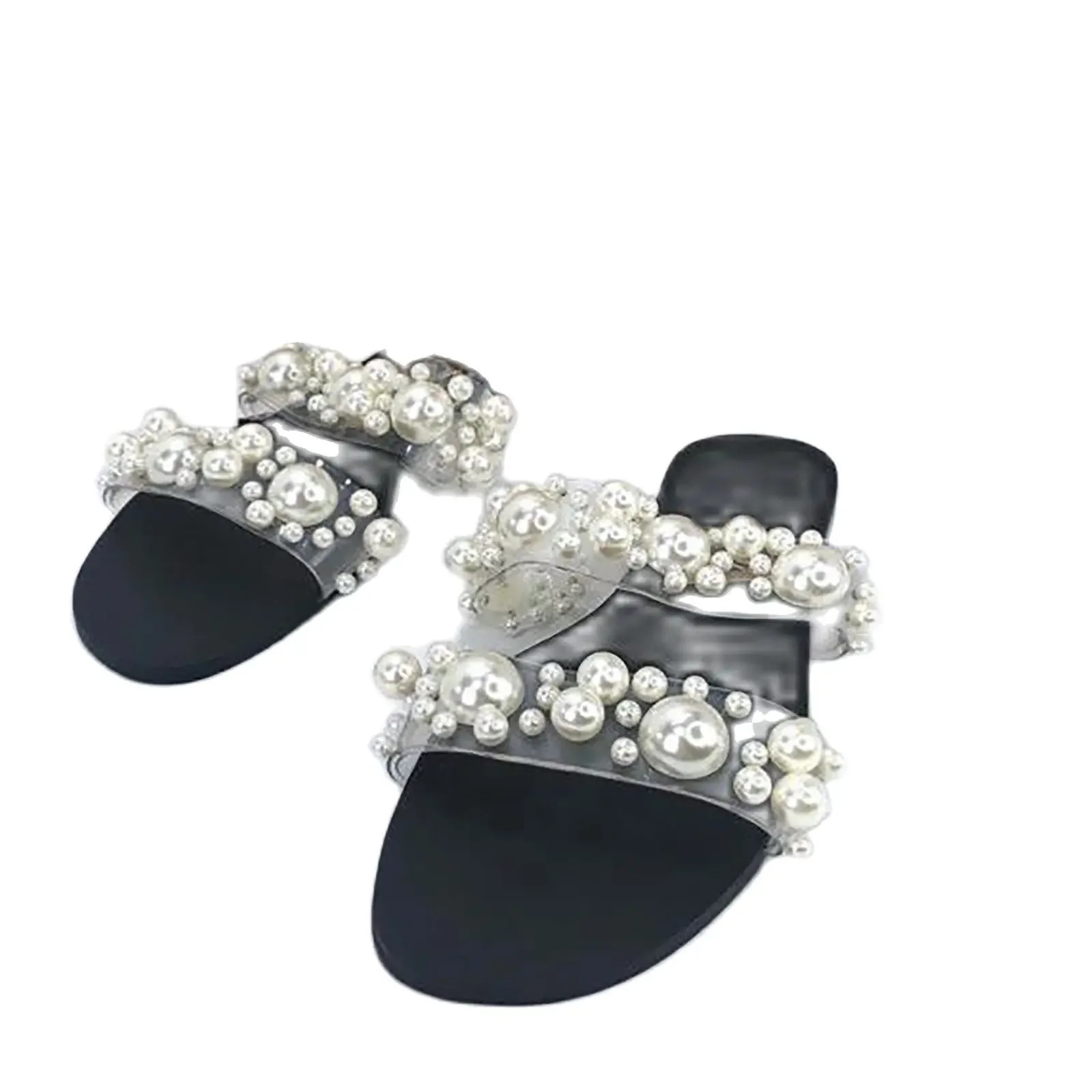 Women Bohemian Pearl Slippers Flat Bottom Sandals Summer Open Toe Ladies Shoes Crystal Shoes 240704
