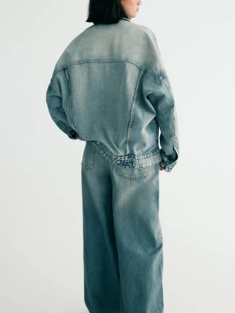 ZBZA Fall Womens Oversized Denim Jacket Wide Leg Jeans Suit Lapel Long Sleeves Coat Lowrise Ripped 240702