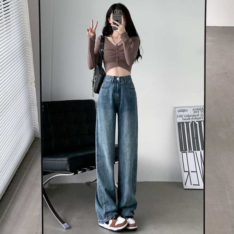loose sagging jeans high waisted wide leg showing height and slimming floor mop pants F7.4#54