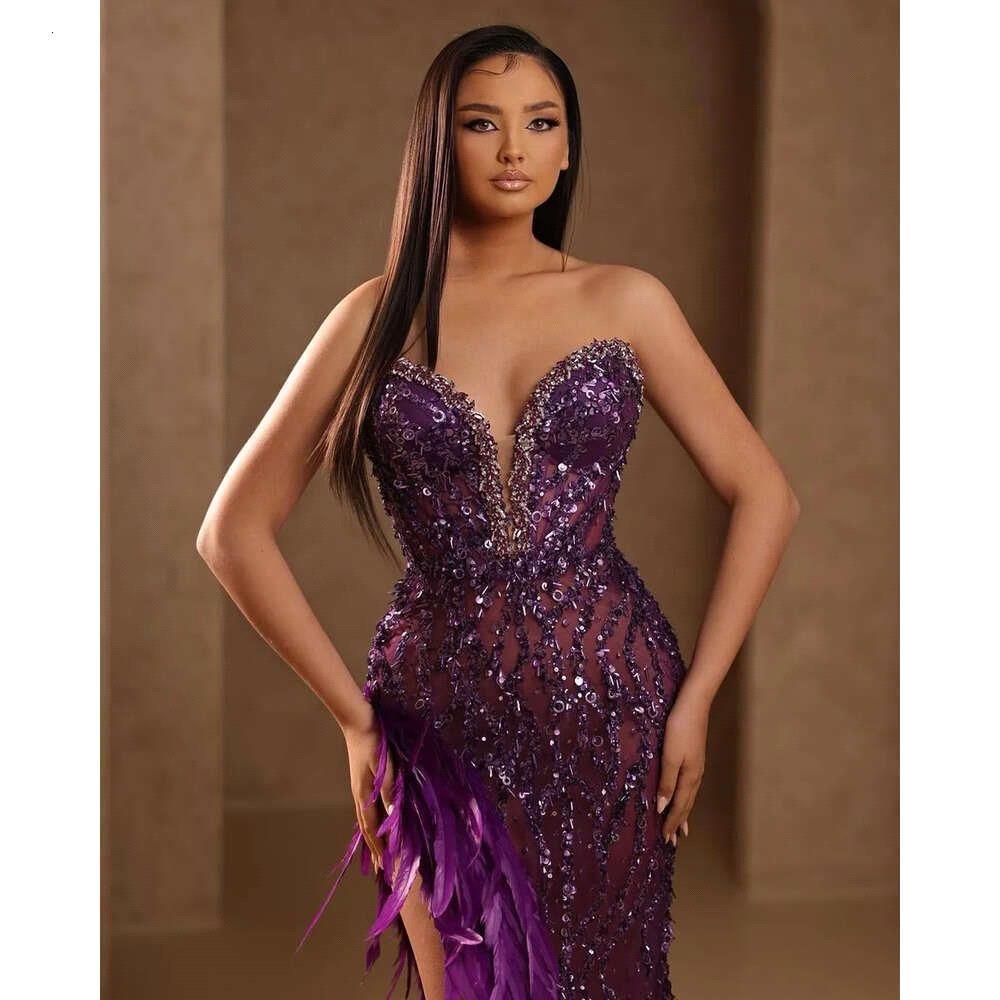 Sexy Gorgeous Lace Or Length Prom Dress Sweetheart Sequins High Side Split Feathers Special Evening Dresses BC