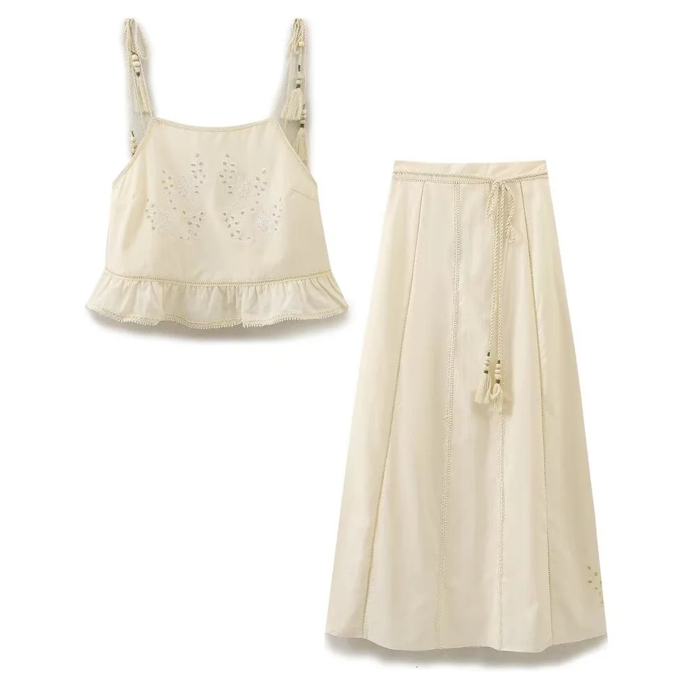 Zach Ailsas Summer Product Womens Embroidered Hollow Su Sui Decoration Suspended Top Midi Skirt Fashion Set 240704
