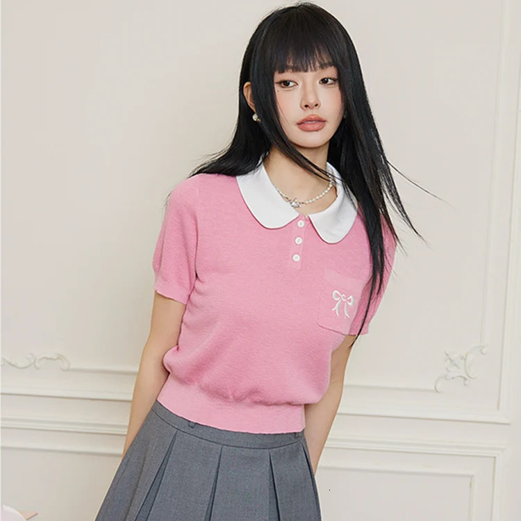 Summer Elegant Sweater Women Knit Pullover Tshirts Embroidery Short Sleeve Peter Pan Collar Fashion Stylish Tops Tees 240627