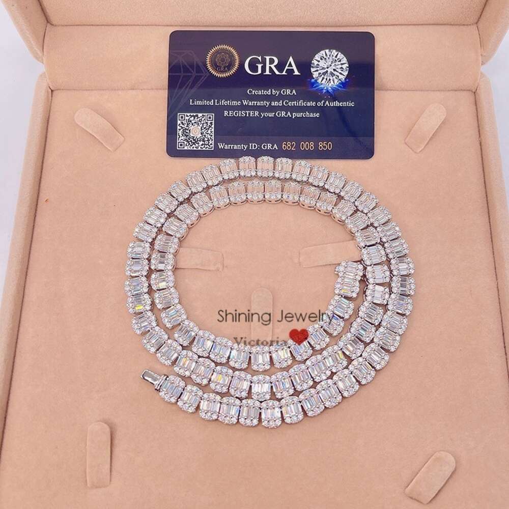 Real 925 Sterling Silver 9mm Tennis Chain Baguette Diamond Necklace