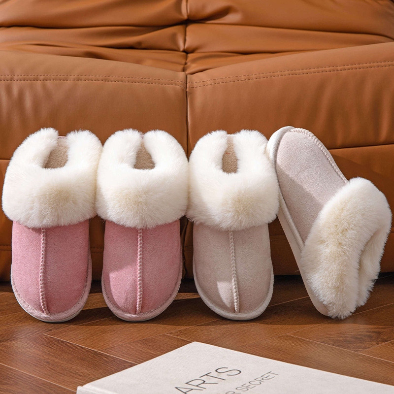 Wool slippers for autumn and winter warmth thick-soled home thickened plush slippers for home indoor comfort women's cotton slippers off-white