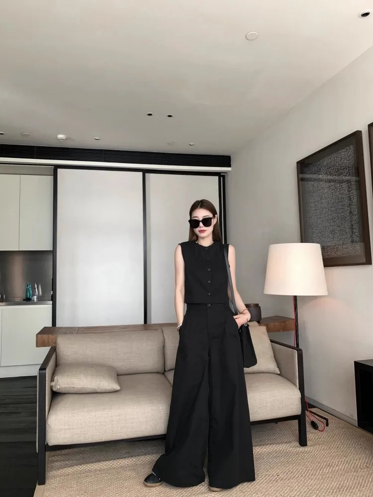 Advanced Old Money Style Set For Womens 2024 Summer Fashionable Khaki Vest Wide Leg Pants Two Piece 240702