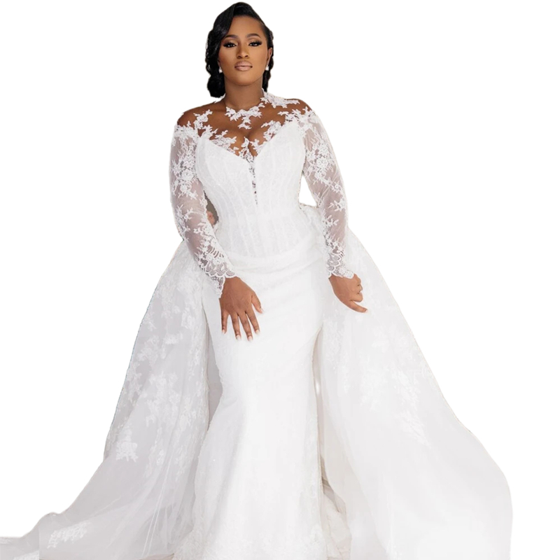 Elegant Lace Mermaid Wedding Dresses With Detachable Train Long Sleeves Plus Size Bridal Gowns Illusion Jewel Neck African Bride Dress 2024