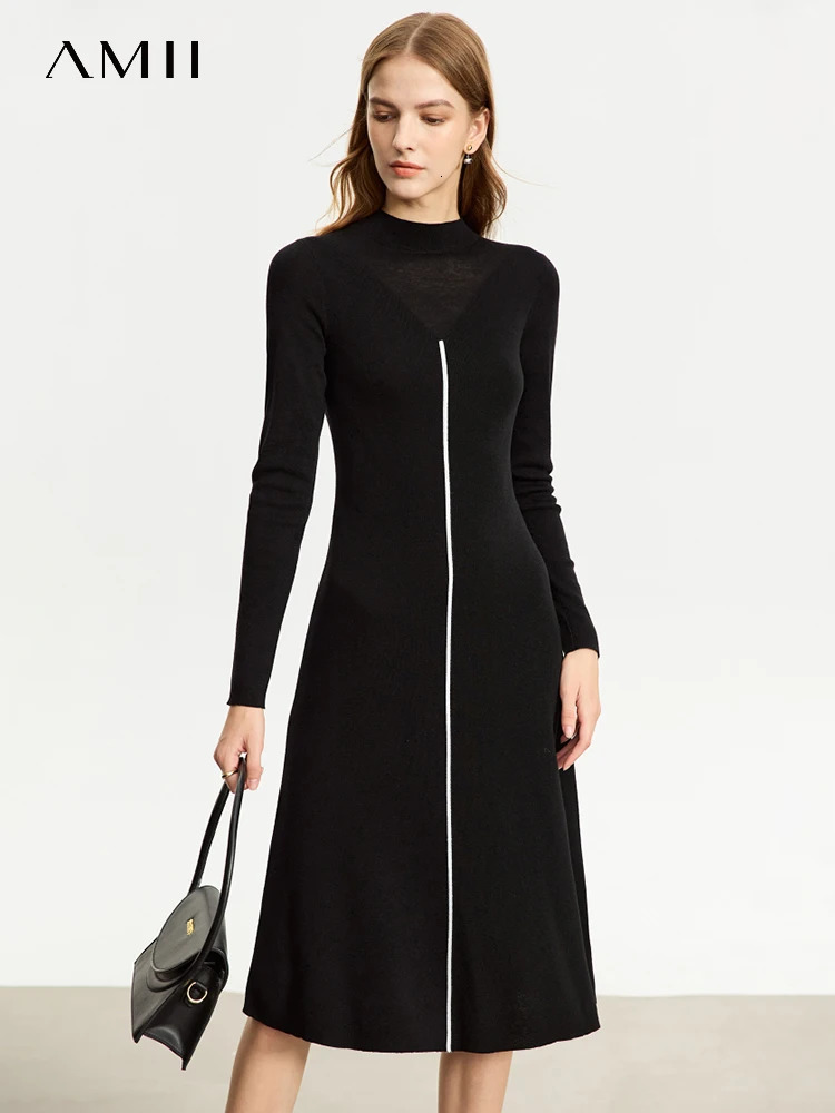 AMII Minimalist Knitted Dress for Women Half High Collar Autumn A-line Spliced Slim Fit Full Sleeve Dresses 12343417 240703