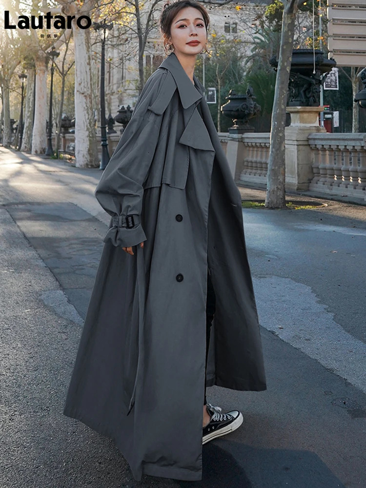 Lautaro Spring Autumn Extra Long Flowy Oversized Casual Trench Coat for Women Belt Double Breasted Loose Korean Fashion 240703