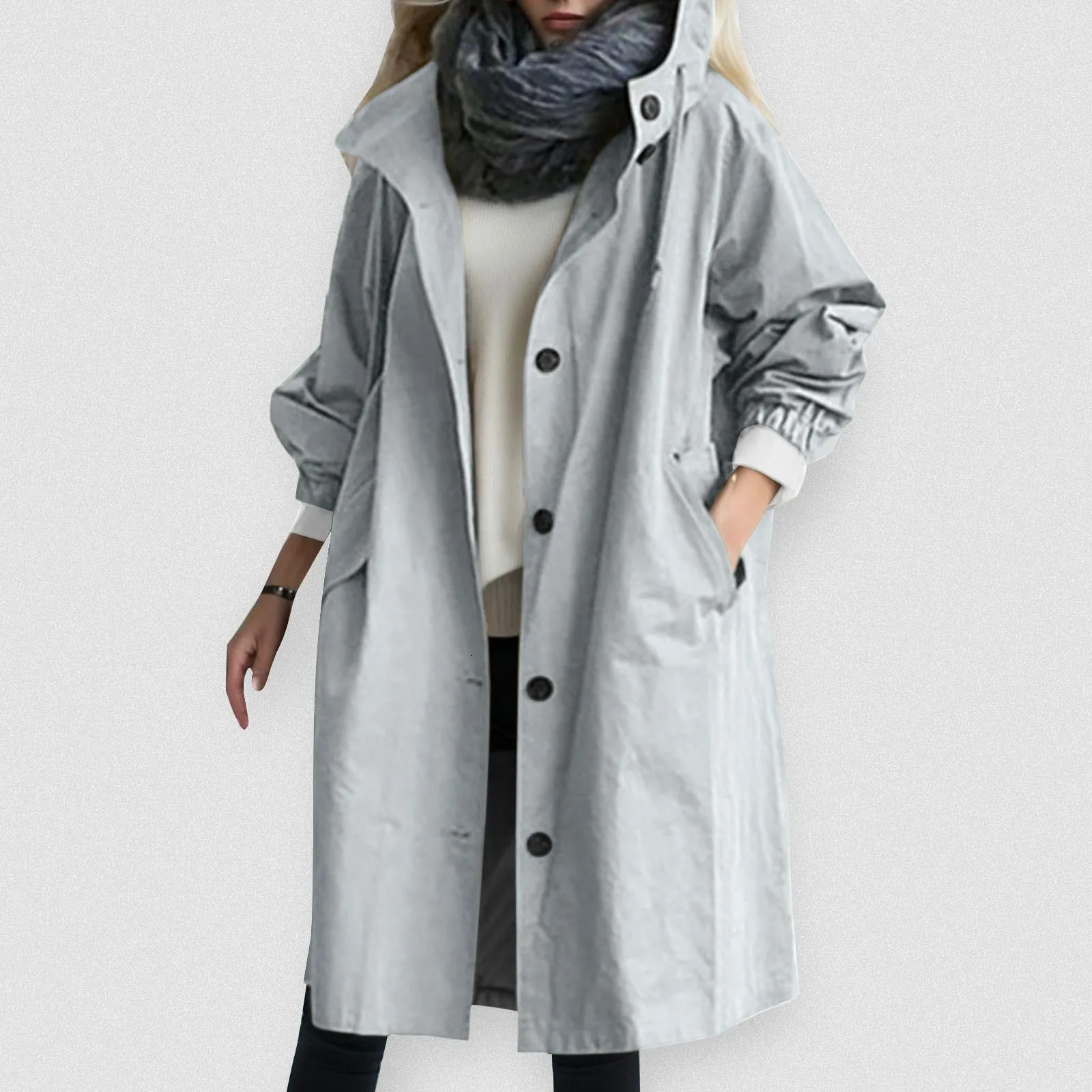 Women Fashion Trench Coat Spring Autumn Casual Hooded Medium Long Overcoat Loose Windproof Coat Korean Trendy Large Size 240703