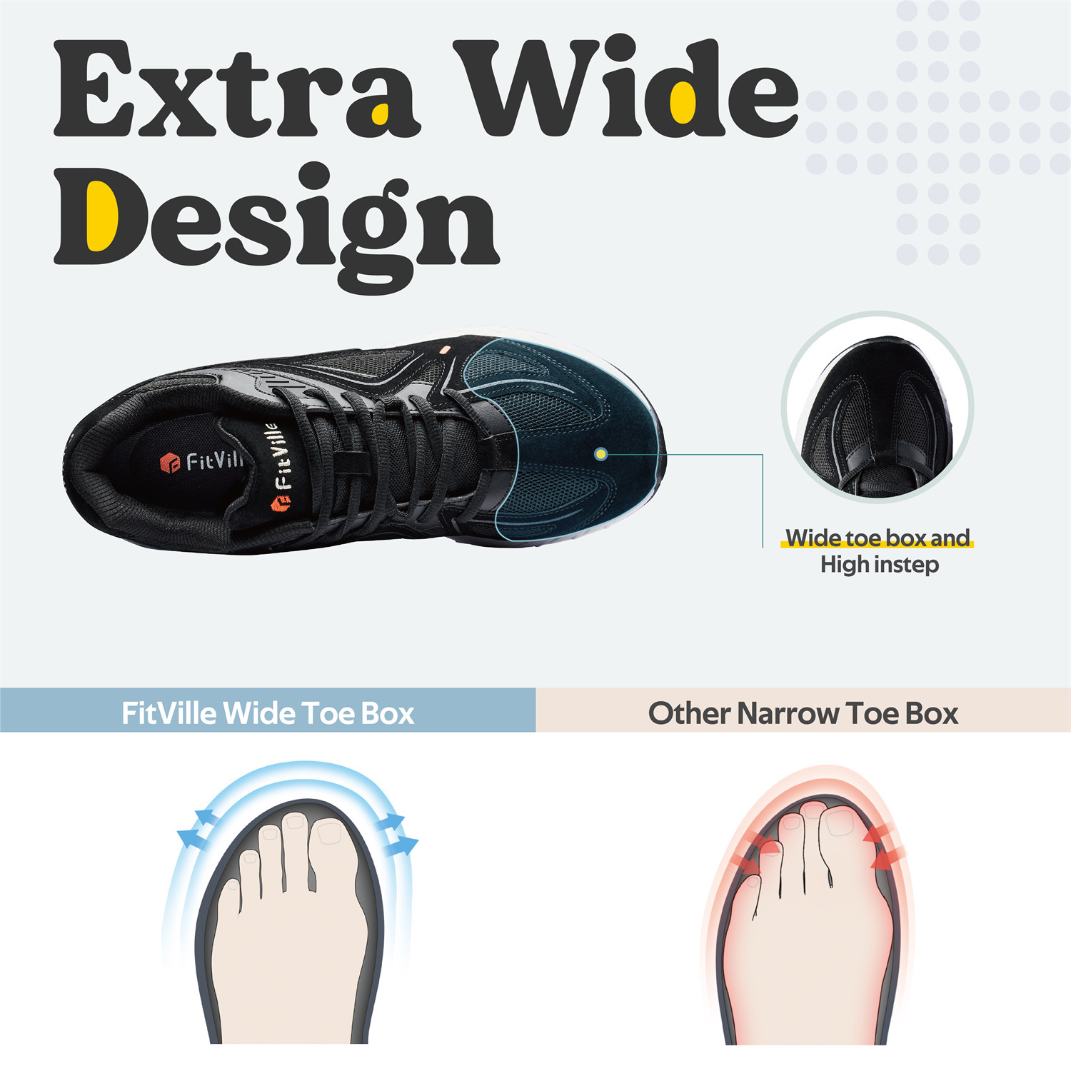 Fitville Men's Walking Extra Wide Lightweight Sneakers For Flat Feet Arch Fit Heel Pain Relief Non-Slip Running Shoes