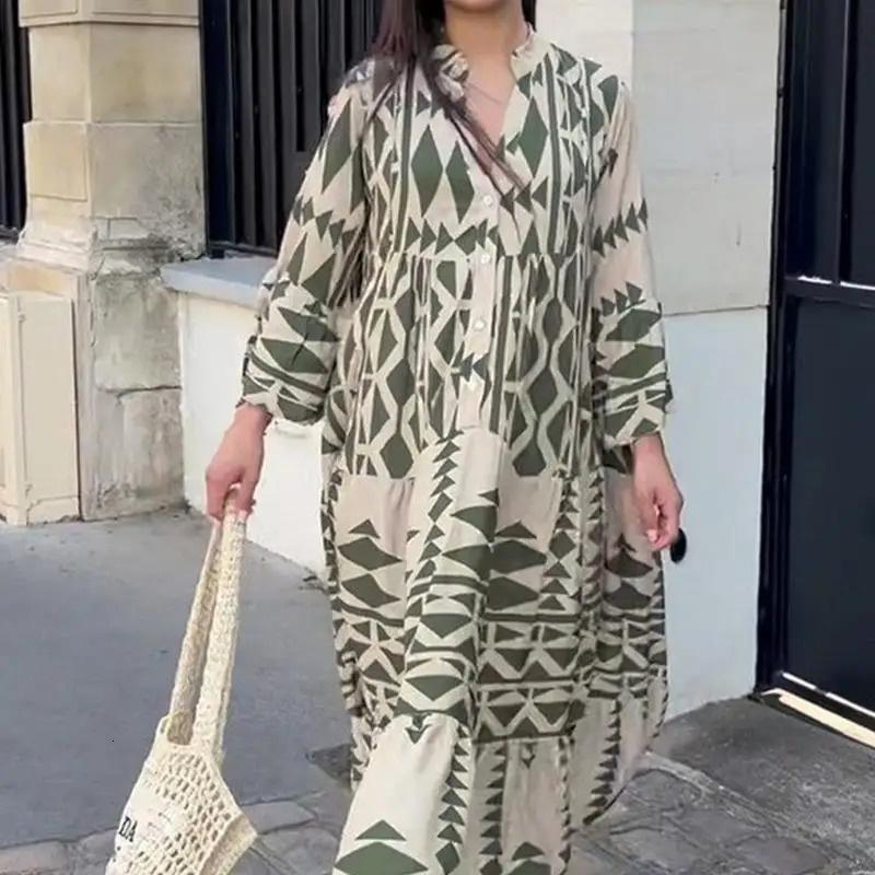 Boho Summer Maxi Dress Women Vintage Buttons Long Sleeve Elegant Holiday Beach Loose Dresses Female Casual Vestidos 240627