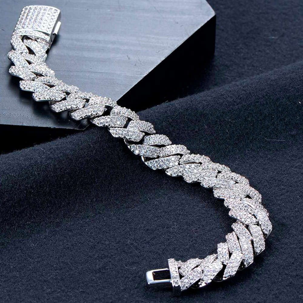 New Fashion Rhodium Plated 14mm Width 8inch Mens Cz Cuban Link Chain Charm Bracelet