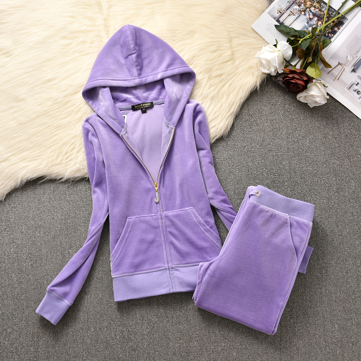 2024 Women's Outfit Juicy Coture Woman Velvet Ladies Crystal Decoration Hoodie Casual Tracksuit Women Two Piece Set C260312