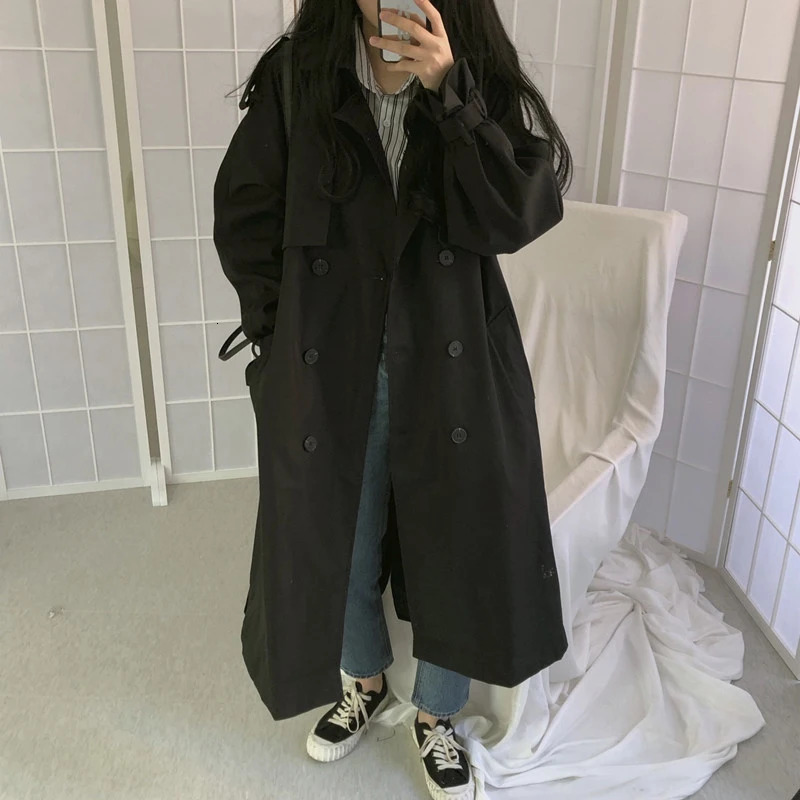 Chic Women Trench Coat Casual Womens Long Outerwear Loose Overcoat Autumn Winter Fashion Double-breasted Windbreaker Femme 240703