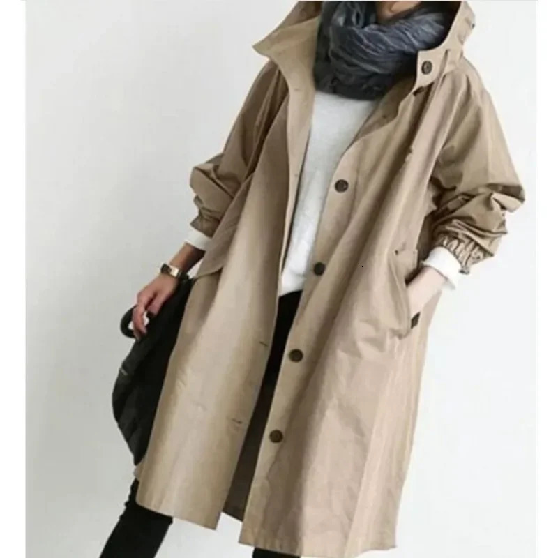 Autumn Trench Coat Women Solid Color Loose Cardigan Large Coat Women Long Sleeve Pocket Single Breasted Turn-down Collar Trench 240703