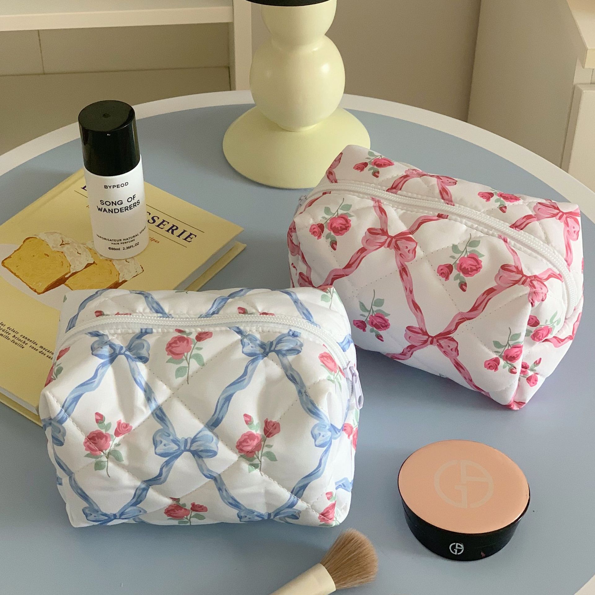 Bow Rose Pattern Women Makeup Pouch Cotton Padded Cute Cosmetic Ladies Travel Storage American Mini Organizer Clutch Bag H7.4#12