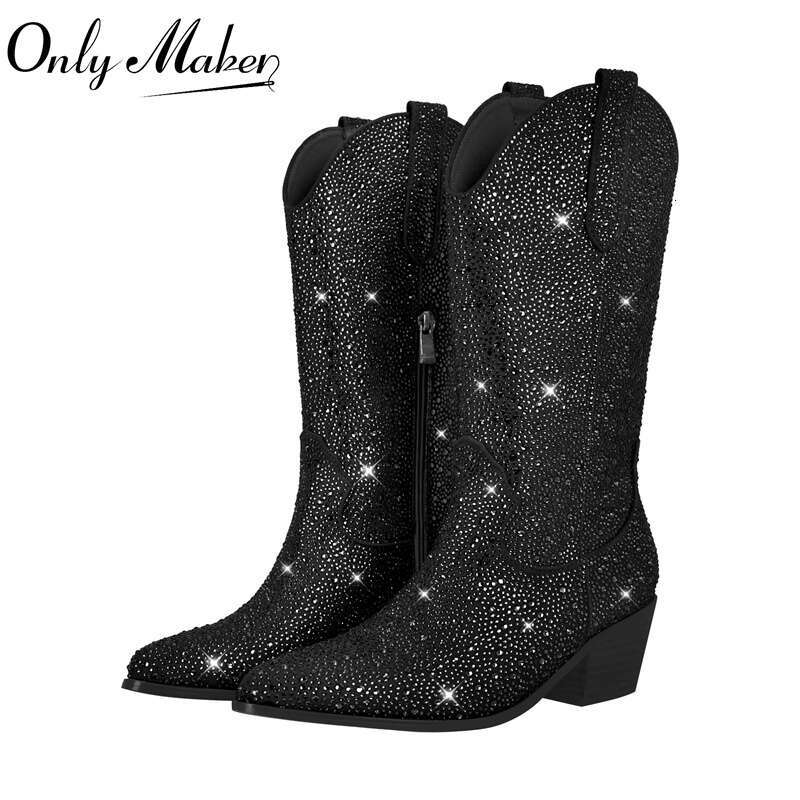 Onlymaker Women Knee High Boots Rhinestone Glitter Bling Western Pointed Toe Block Heel Pull-On Cowgirl Booties