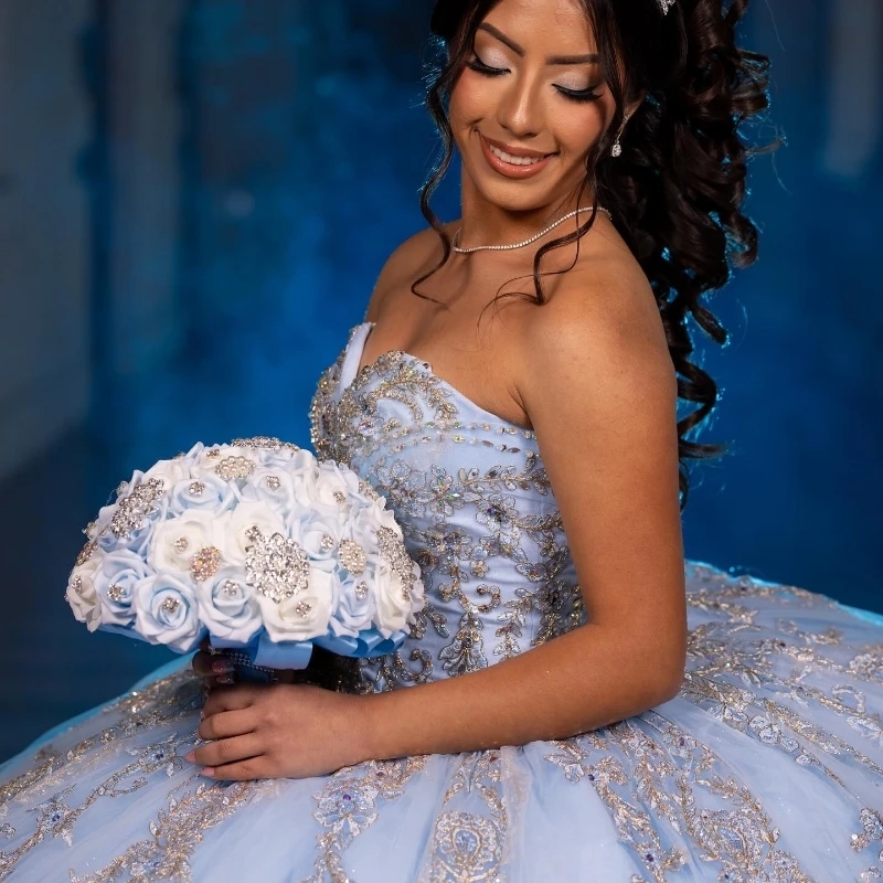 Sky Blue Shiny Quinceanera Dresses Sequined Off Shoulder Ball Gown Sweep Train Applique Lace Beads Tulle Vestidos De 15 Anos