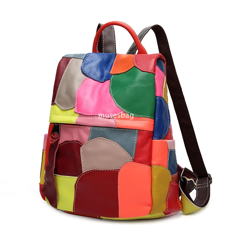 High quality women's high-end fashion casual sheepskin backpack fashionable leather patchwork backpack portable shoulder bag practical large capa