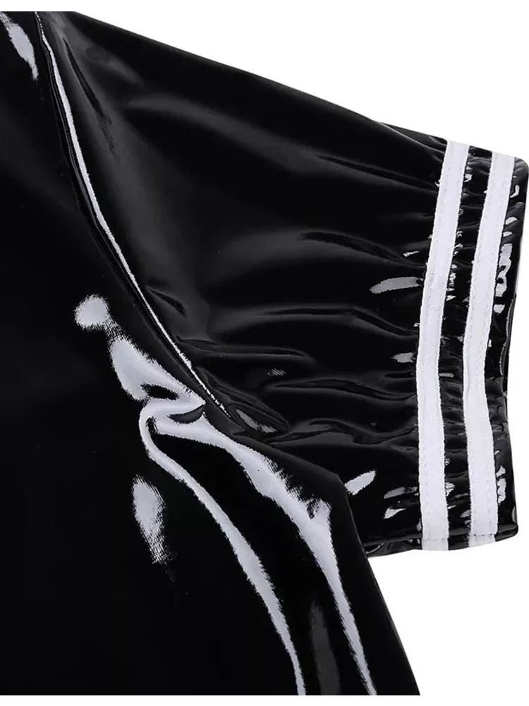 S-7XL Short Sleeve Mens Wet Look PVC Catsuit Playsuits Shiny PU Leather Zipper Open Crotch Bodysuit Tights Body Teddies Leotard 240703