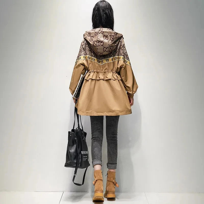 Spring Autumn Trench Coat Womens Long Hooded Print High end Windbreaker Jacket Female Large Size Slim Outerwear 240703