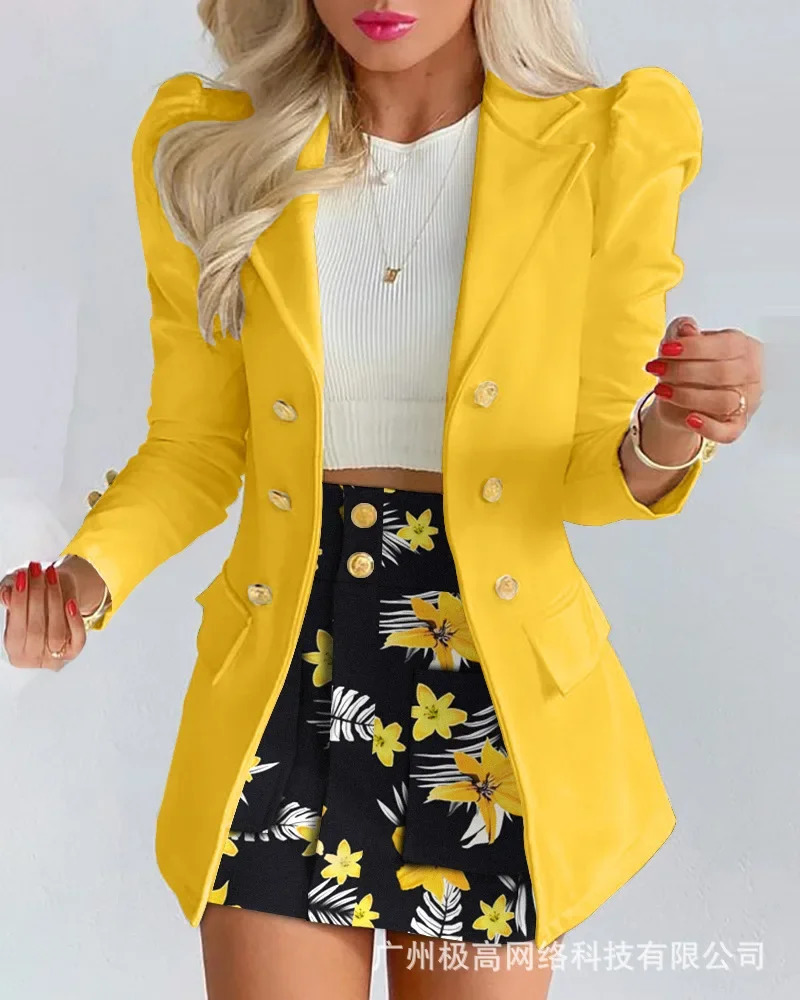 Floral Print Puff Sleeve Double Breasted Blazer Coat Skirt Set Women Spring Summer 2pcs Flower Jacket Business Lady 240704