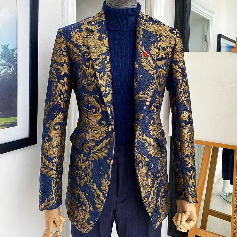 Floral African Men Suits For Wedding Jacquard Slim Fit Groom Tuxedo 2 Pcs Navy Blue Custom Jacket With Pants Male Costume 240701