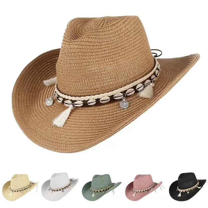 summer Straw Cowboy hat women Fashion cowgirl straw solid caps cowboy Sunshade Jazz Hat Panama men sun 240626