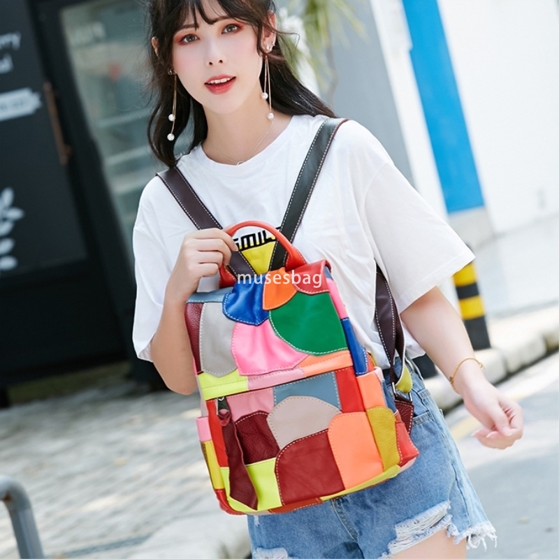 High quality women's high-end fashion casual sheepskin backpack fashionable leather patchwork backpack portable shoulder bag practical large capa