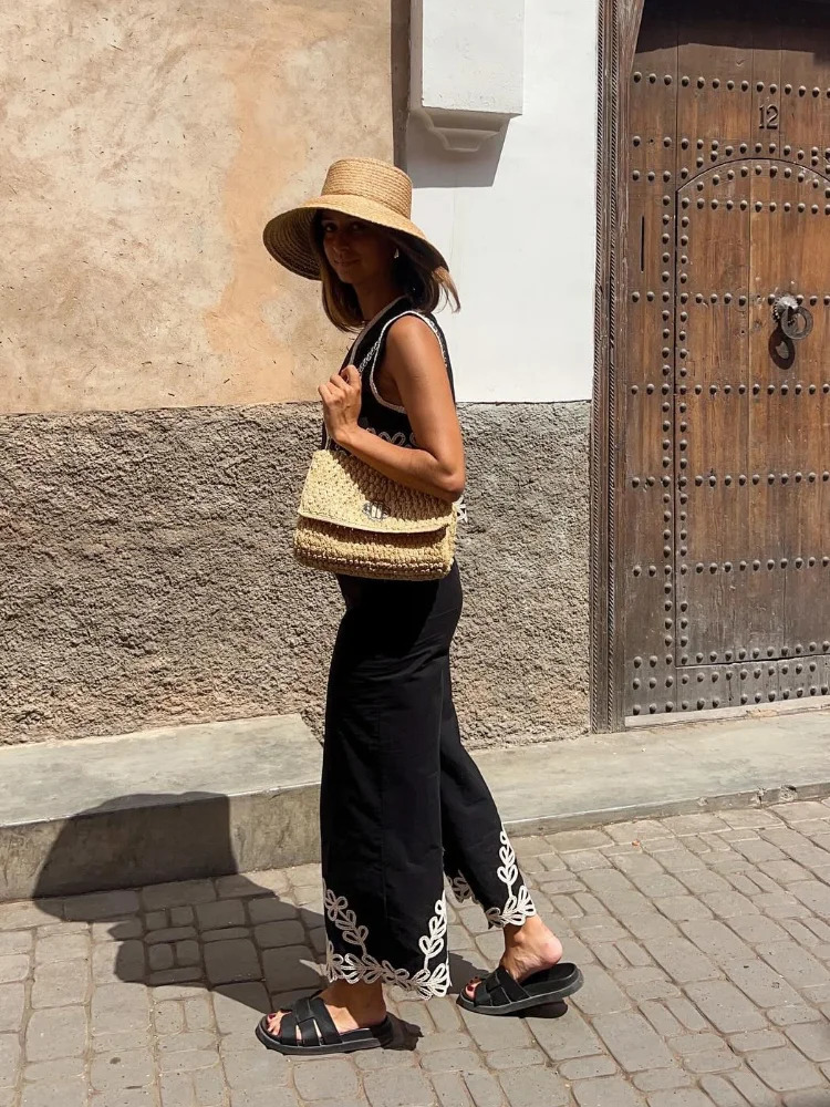 Fashion Contrasting Printed Crop Vest Pants Suit Elegant Women V Neck Sleeveless Tops Wide Leg Set Chic Female Outfits 240702