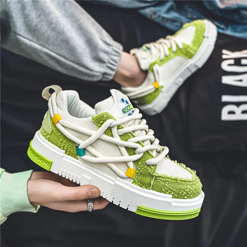 Fashion Green Platform Vulcanized Canvas Shoes Man Lace-up Skateboard Shoes Men Low Top Tennis Casual Sneakers Men 240704