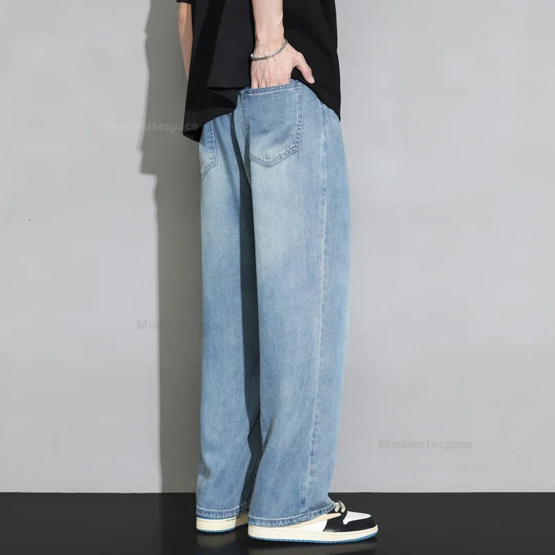 Summer 100 Lyocell Cozy Jeans Men Soft Fabric Elastic Waist Denim Trousers Male Clothes Korea Baggy Straight Casual Pants 240702