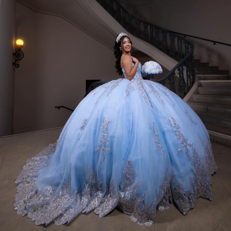 Sky Blue Shiny Quinceanera Dresses Sequined Off Shoulder Ball Gown Sweep Train Applique Lace Beads Tulle Vestidos De 15 Anos