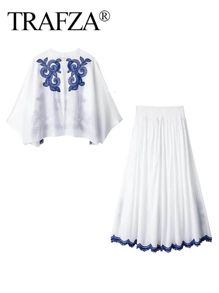 TRAFZA Women Blue Floral Embroidery Shirt Skirts Sets Casual Top High Waist Chic Elegant Womens Pleated Long Skirt TRAF 240704