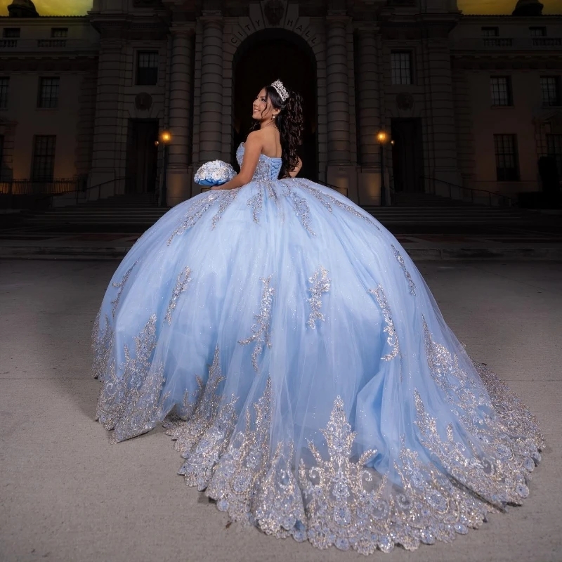 Sky Blue Shiny Quinceanera Dresses Sequined Off Shoulder Ball Gown Sweep Train Applique Lace Beads Tulle Vestidos De 15 Anos