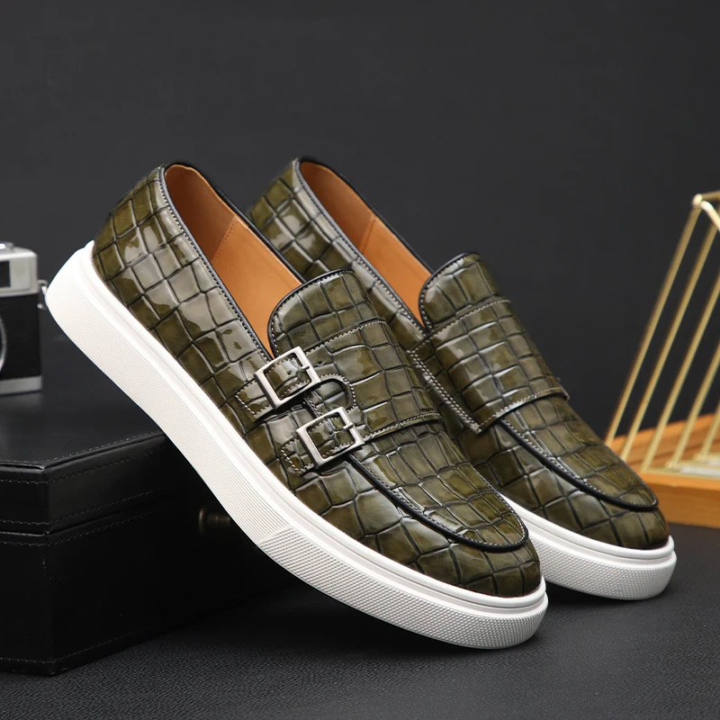 Mens Charm Pattern Monk Strap Leather Leisure Shoes Male Comfortable Thick Bottom Loafers Zapatos Hombre 240703