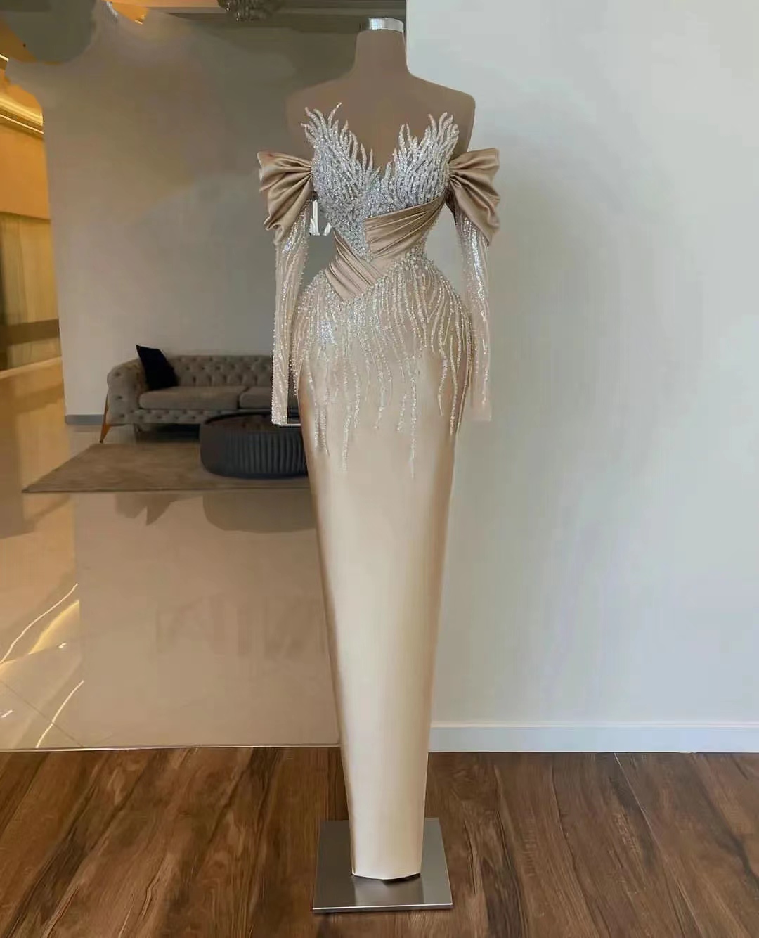 Luxury Evening Dresses For Women Sheer Neck Off Shoulder Sleeves Gown Sequins Beads Dress Party Prom Custom Made