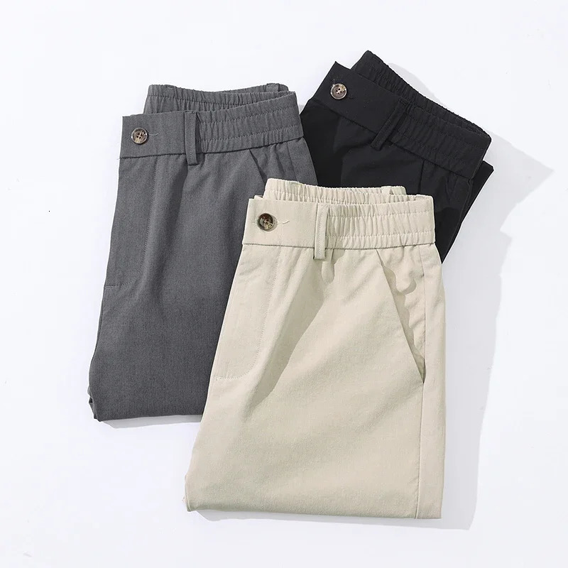 Mens Slim Casual Pants Summer Thin Elastic Waist Business Straight Trousers Solid Color Soft Breathable Black Beige Gray 240701