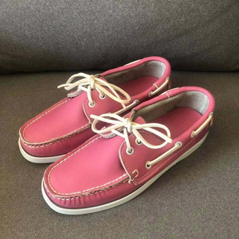 Unisex Boat Shoes Pink Leather Loafers For Men Women Fashion Walking Driver Footwear Couples Lace Up Flats Shoe 240702
