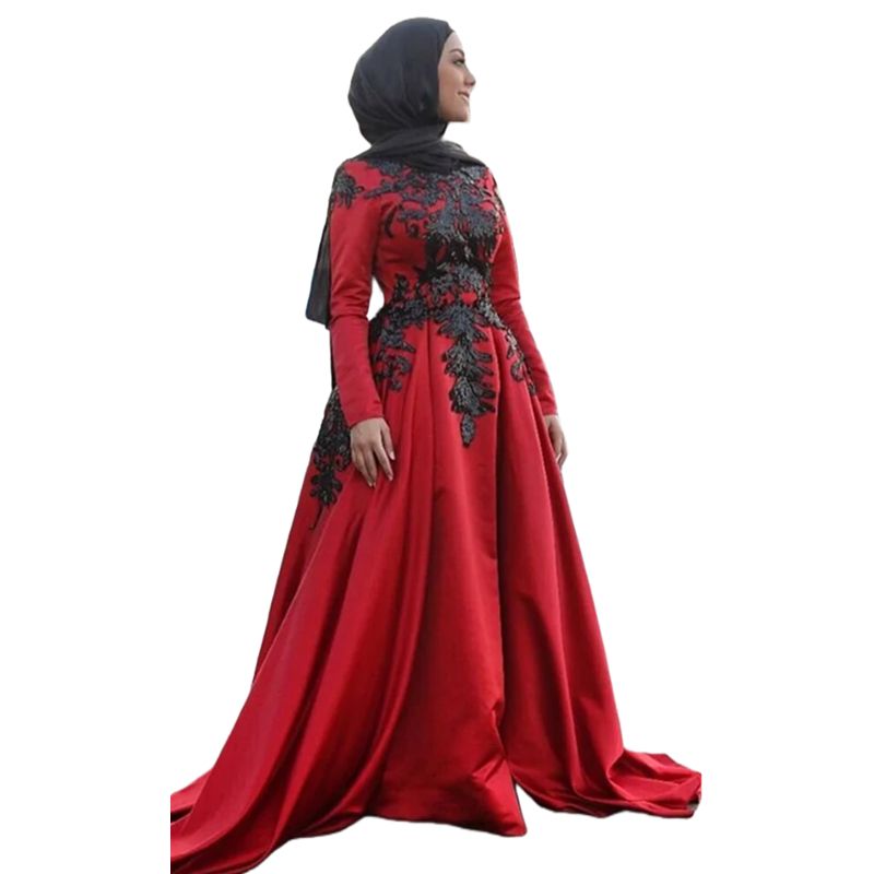 Arabic Muslim Evening Dresses With Hijab Veil Black Lace Appliques Dark Red satin Long Formal Occasion Gowns Full Sleeves Modest Islamic Prom Special 