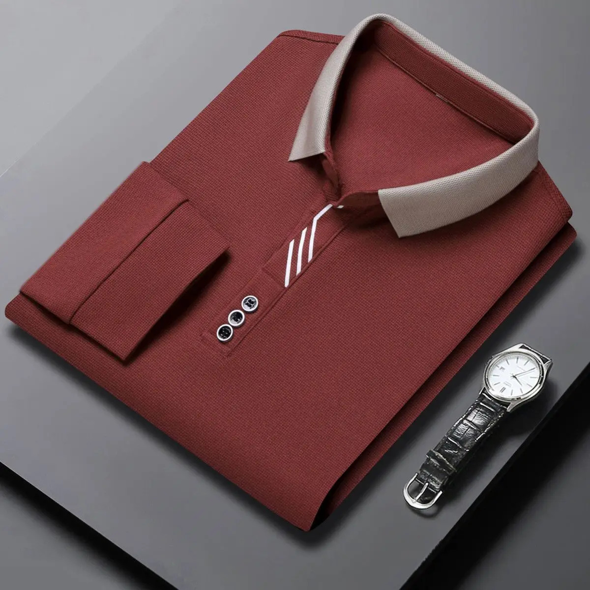 Spring and Autumn Simplicity Buttons Solid Color Turndown Collar Long Sleeve Polo Shirts Mens Clothing Smart Casual TShirt 240702